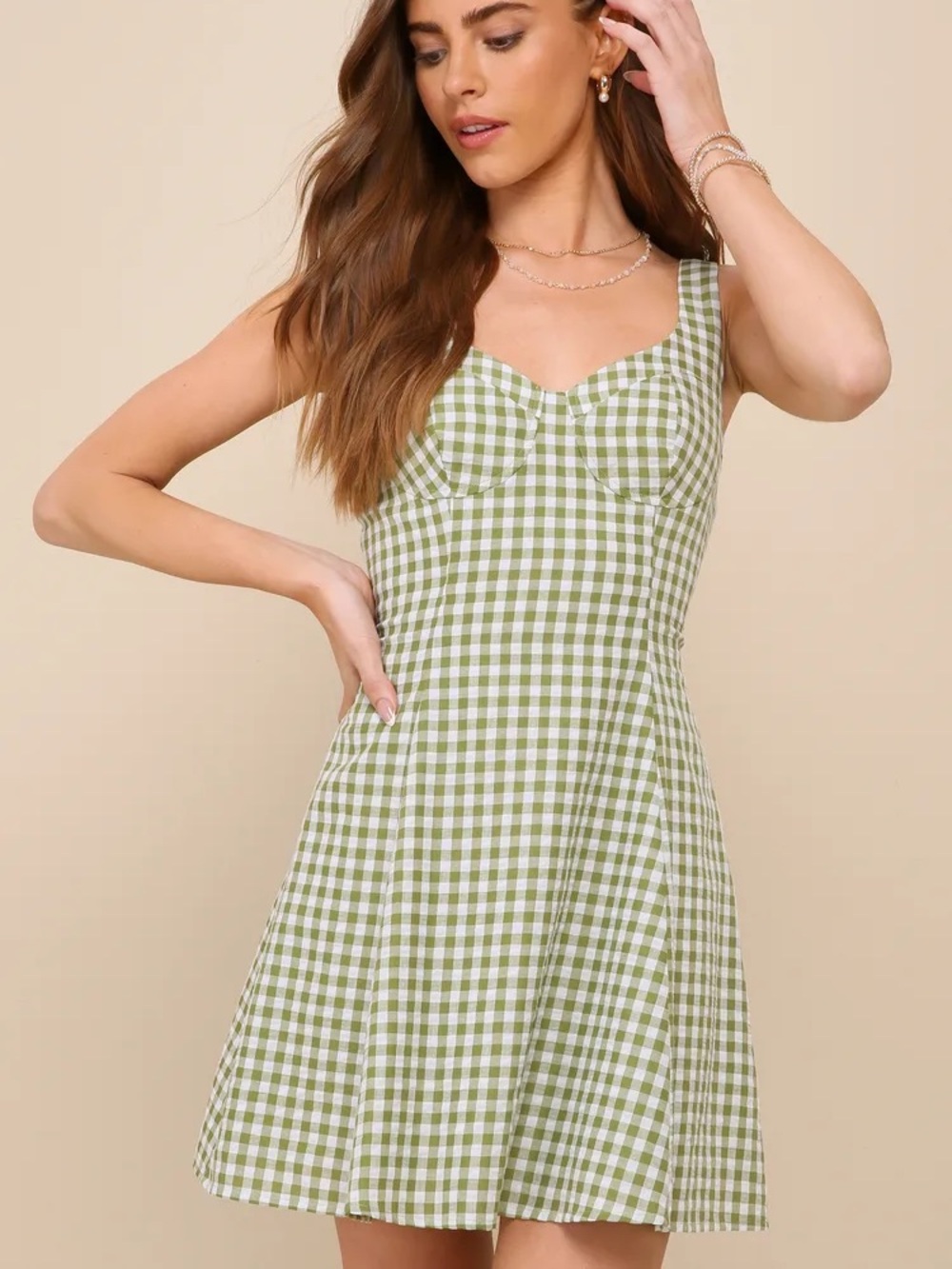 Lulu's Green and White Gingham Mini Dress